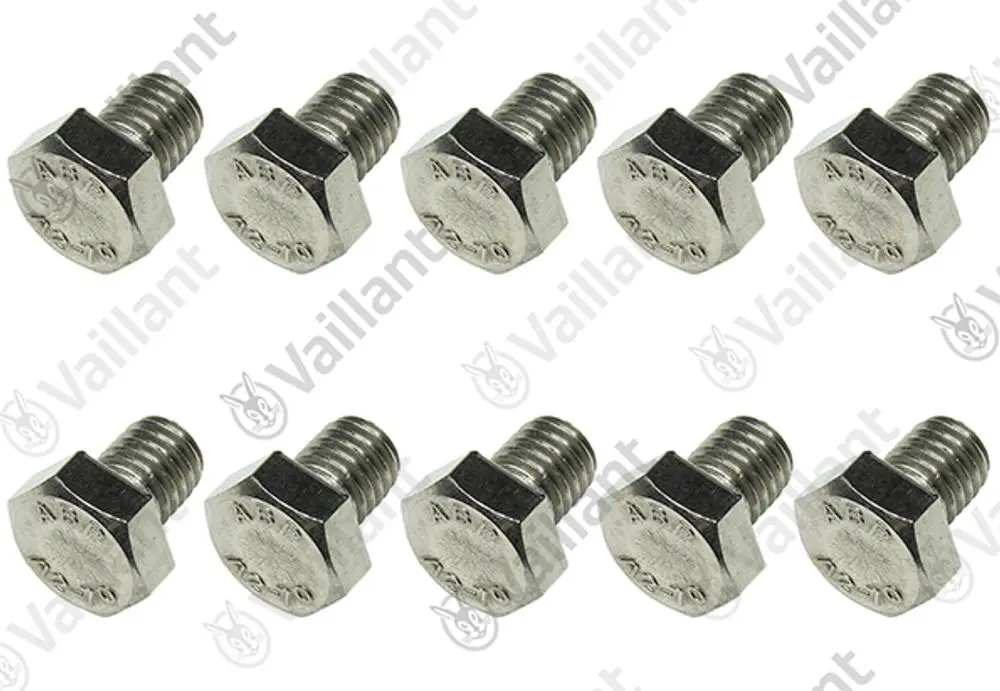 Vaillant Schrauben in rechteckiger Form, metallisch, angeordnet in zwei Reihen mit insgesamt zehn Stück, auf hellem Hintergrund.